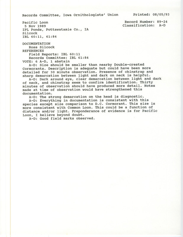 Records Committee review for a Pacific Loon at the IPL Ponds in Pottawattamie County, IA on November 5, 1989. Includes a record review document with votes and a documentation form submitted to the committee.