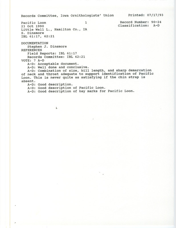 Records Committee review for a Pacific Loon at Little Wall Lake in Hamilton County, IA on October 23, 1990. Includes a record review document with votes and a documentation form submitted to the committee.