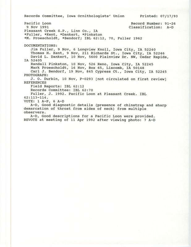 Records Committee review for a Pacific Loon at Pleasant Creek State Park in Linn County, IA on November 9, 1991. Includes a record review document with votes, a photo, pages from an issue of Iowa Bird Life, and six documentation forms submitted to the committee.