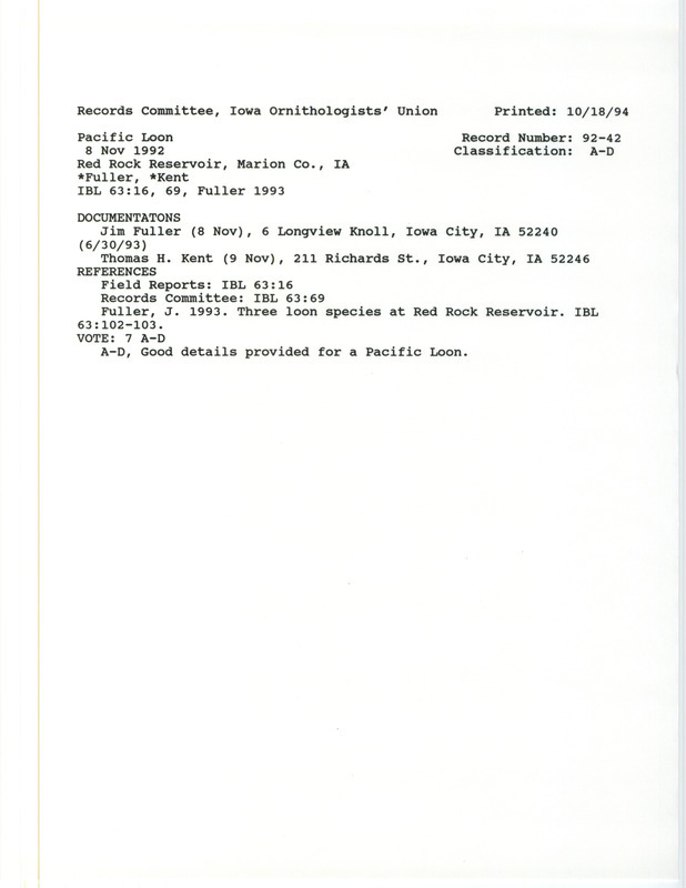 Records Committee review for a Pacific Loon at Red Rock Reservoir in Marion County, IA on November 8, 1992. Includes a record review document with votes, an Iowa Bird Life article, and two documentation forms submitted to the committee.