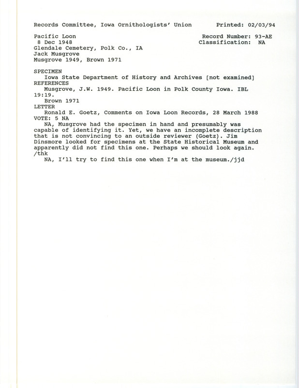 Records Committee review for a Red-throated Loon at Polk County, IA in 1948. Includes a record review document with votes, the original sighting record found in the publication Pacific Loon in Polk County Iowa in Iowa Bird Life by Jack Musgrove, and referenced by another publication.