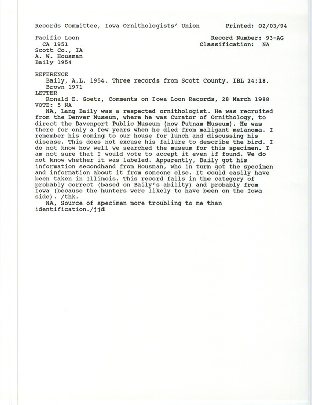 Records Committee review for a Pacific Loon at Scott County, IA around 1951. Includes a record review document with votes, comments by the IOU Records Committee on the bird sighting, the original sighting record found in the publication Iowa Bird Life by A. Lang Baily seen by A.W. Housman, and reference by a later publication.