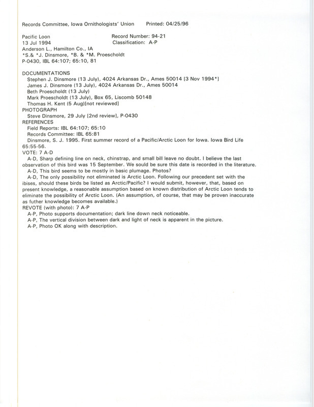 Records Committee review for a Pacific Loon at Anderson Lake in Hamilton County, IA on July 13, 1994. Includes a record review document with votes, a photo, an article from Iowa Bird Life, and five documentation forms submitted to the committee.