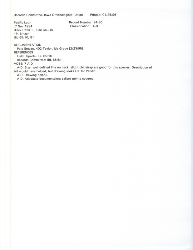 Records Committee review of a Pacific Loon at Black Hawk Lake in Sac County, IA on November 7, 1994. Includes a record review document with votes and a documentation form submitted to the committee.