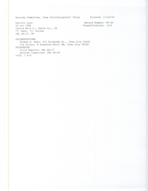 Records Committee review for a Pacific Loon at Twelve Mile Lake in Union County, IA on October 26, 1995. Includes a record review document with votes and two documentation forms submitted to the committee.