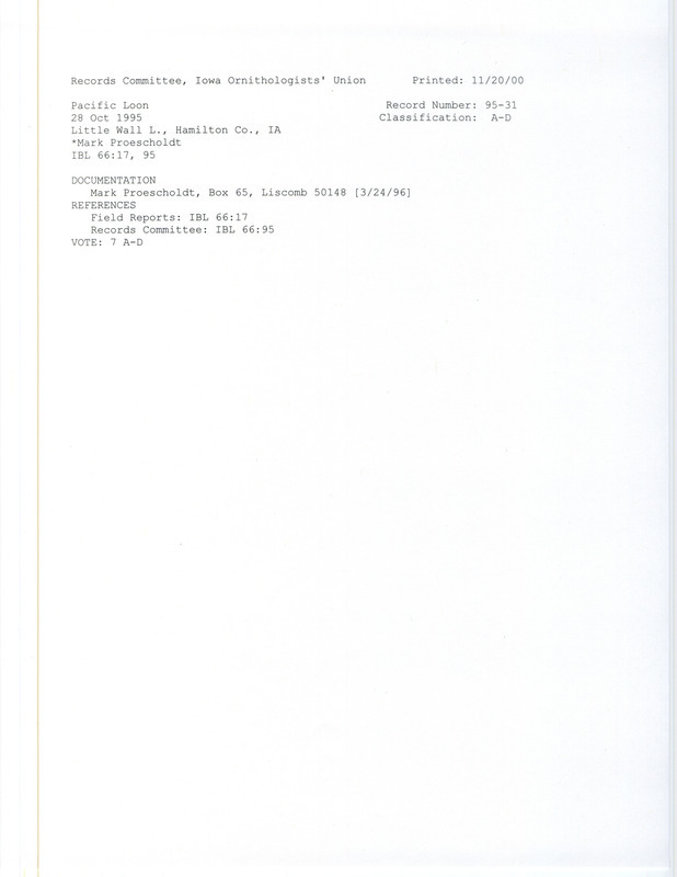 Records Committee review for a Pacific Loon at Little Wall Lake in Hamilton County, IA on October 28, 1995. Includes a record review document with votes and a documentation form submitted to the committee.