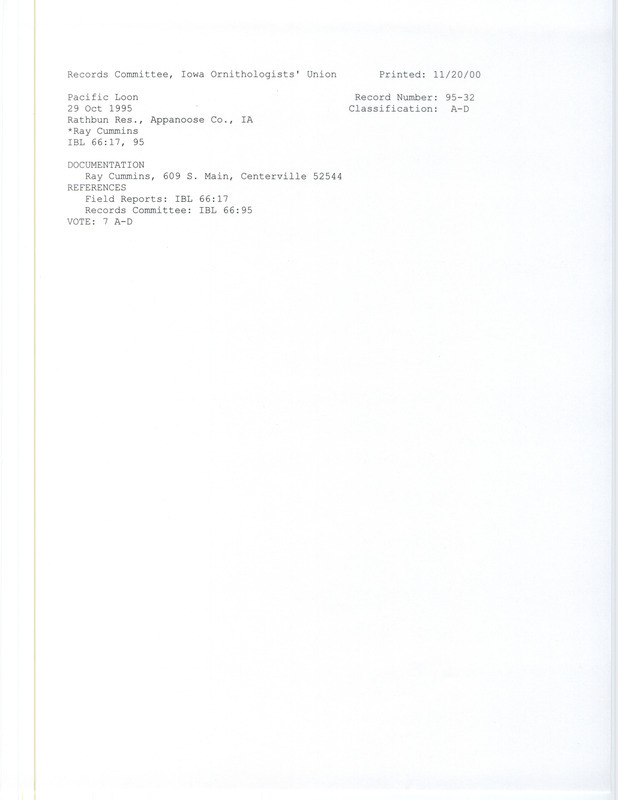 Records Committee review for a Pacific Loon at Rathbun Reservoir in Appanoose County, IA on October 29, 1995. Includes a record review document with votes and a documentation form submitted to the committee.