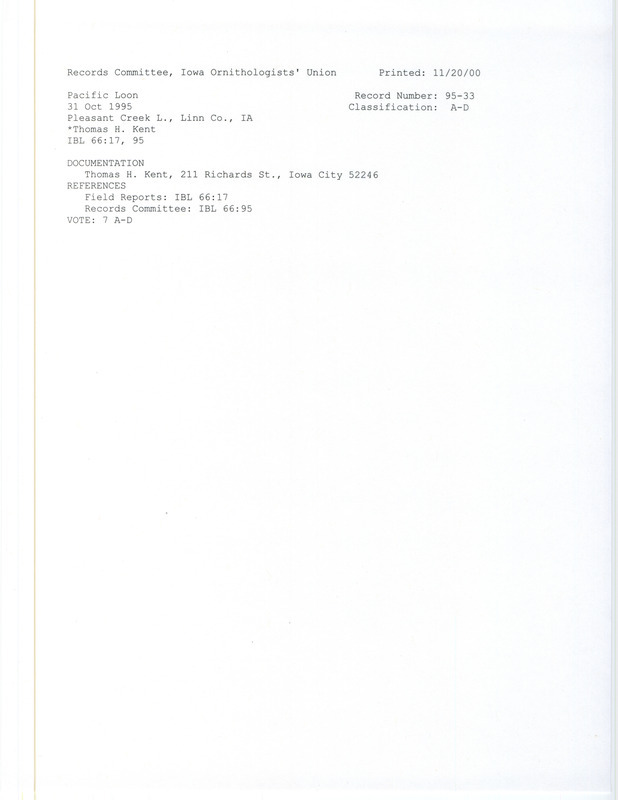 Records Committee of a Pacific Loon at Pleasant Creek Lake in Linn County on October 31, 1995. Includes a record review document with votes and a documentation form submitted to the committee.