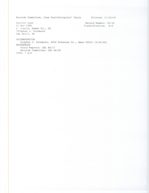 Records Committee review for a Pacific Loon at Lake Icaria in Adams County, IA on November 21, 1995. Includes a record review document with votes and a documentation form submitted to the committee.