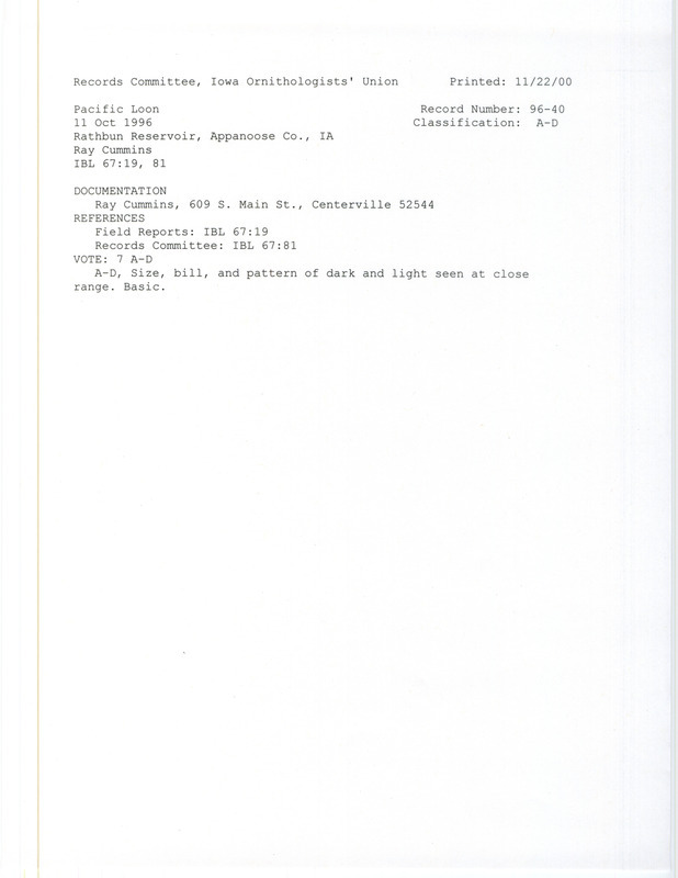 Records Committee review for a Pacific Loon at Rathbun Dam in Appanoose County, IA on October 11, 1996. Includes a record review document with votes and a documentation form submitted to the committee.