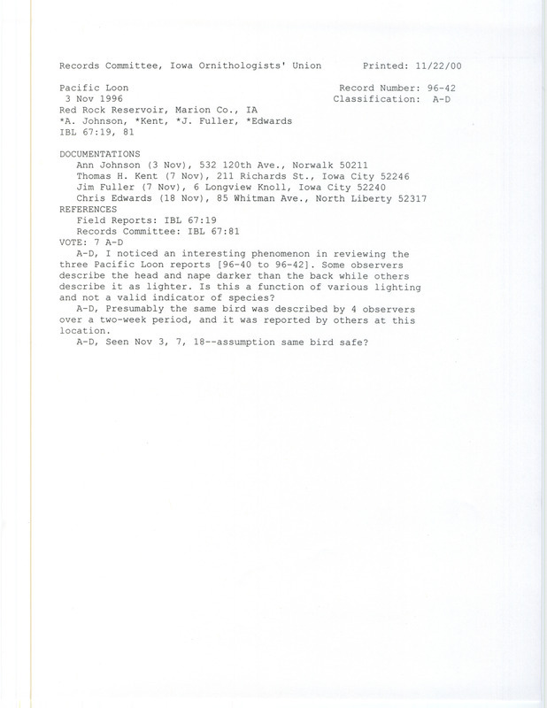 Records Committee review for a Pacific Loon at Red Rock Reservoir in Marion County, IA on November 3, 1996. Includes a record review document with votes and four documentation forms submitted to the committee.