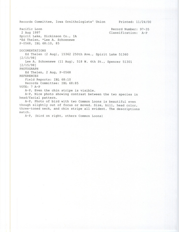 Records Committee review for a Pacific Loon at Spirit Lake in Dickinson County, IA on August 2, 1997. Includes a record review document with votes, a photo, and two documentation forms submitted to the committee.