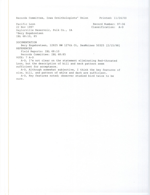 Records Committee review for a Pacific Loon at Saylorville Reservoir in Polk County, IA on November 22, 1997. Includes a record review document with votes and a documentation form submitted to the committee.