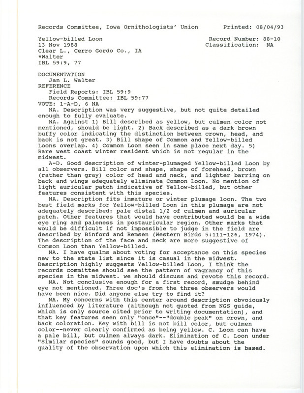 Records Committee review for a Yellow-billed Loon at Clear Lake in Cerro Gordo County, IA on November 13, 1988. Includes a record review document with votes and a documentation form submitted to the committee.