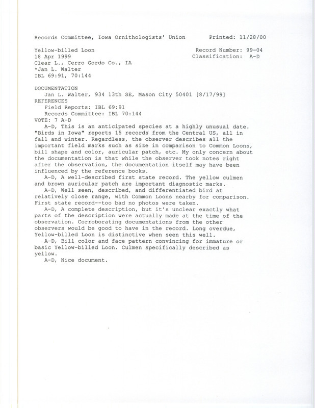 Records Committee review for a Yellow-billed Loon at Clear Lake in Cerro Gordo County, IA on April 18, 1999. Includes a record review document with votes and a documentation form submitted to the committee.