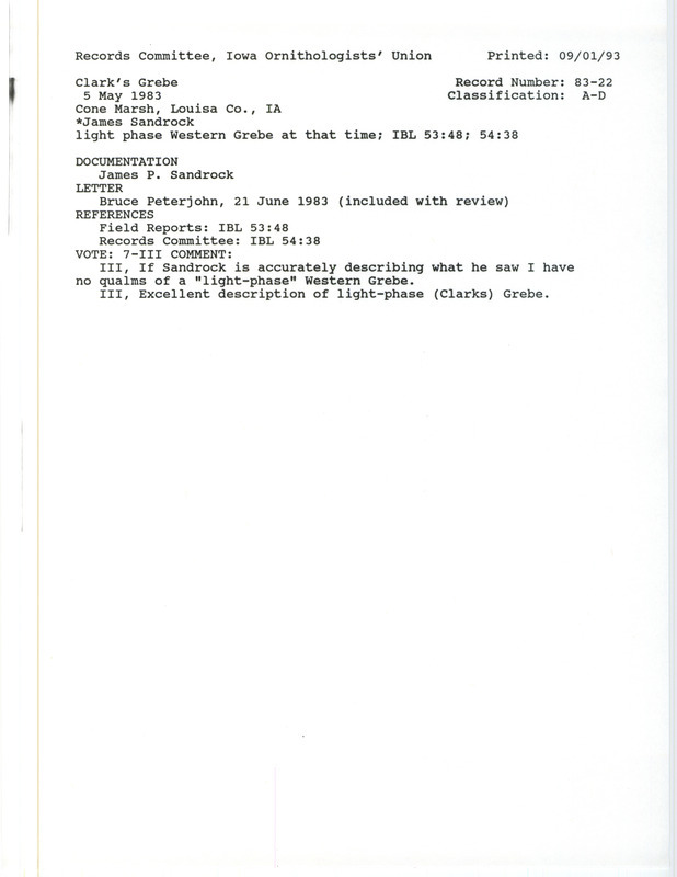 Records Committee review for a Clark's Grebe at Cone March in Louisa County, IA on May 5, 1983. Includes a record review document with votes, correspondence about the bird sighting from Bruce Peterjohn to Thomas H. Kent, and a documentation form submitted to the committee.