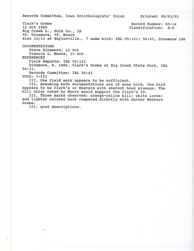 Records Committee review for a Clark's Grebe at Big Creek Lake in Polk County, IA on October 12, 1985. Includes a record review document with votes, an article in Iowa Bird Life, and two documentation forms submitted to the committee.