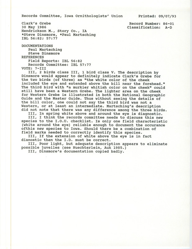 Records Committee review for three Clark's Grebes at Hendrickson March in Story County, IA on May 30, 1986. Includes a record review document with votes, a summary of the review, and two documentation forms submitted to the committee.