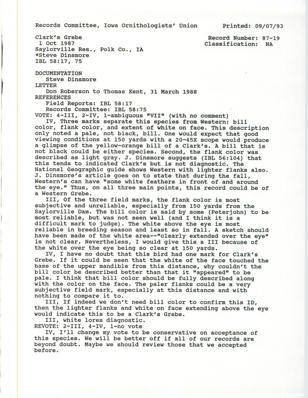 Records Committee review for a Clark's Grebe at Saylorville Reservoir in Polk County, IA on October 1, 1987. Includes a record review document with votes and a documentation form submitted to the committee.