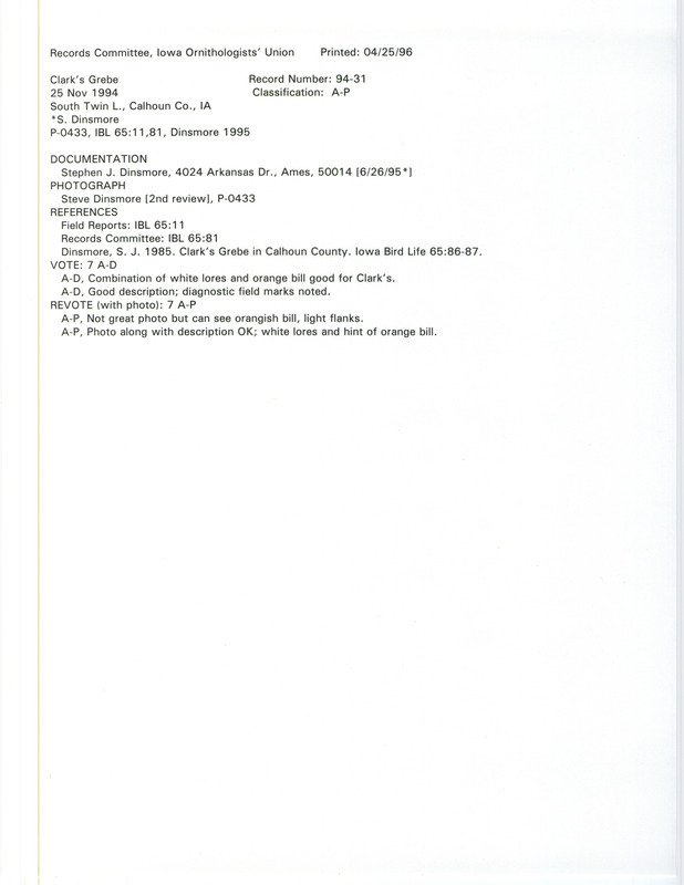 Records Committee review for a Clark's Grebe at South Twin Lake in Calhoun County, IA on November 25, 1994. Includes a record review document with votes, a photo, an Iowa Bird Life article, and a documentation form submitted to the committee.