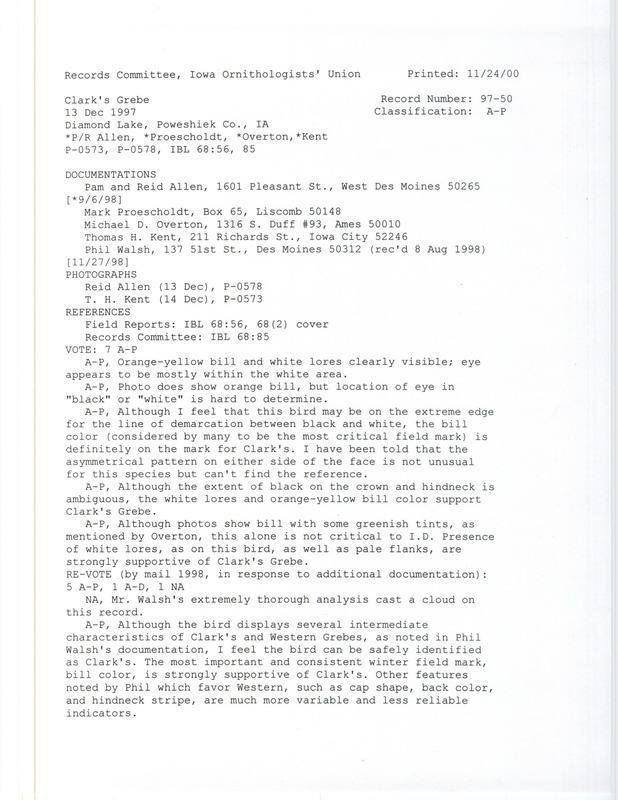 Records Committee review for a Clark's Grebe at Diamond Lake in Poweshiek County, IA on December 13, 1997. Includes a record review document with votes, photos, an Iowa Bird Life article, and five documentation forms submitted to the committee.