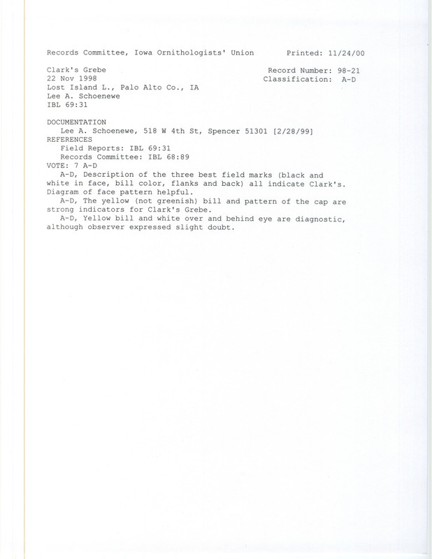 Records Committee review for a Clark's Grebe at Lost Island Lake in Palo Alto County, IA on November 22, 1998. Includes a record review document with votes and a documentation form submitted to the committee.