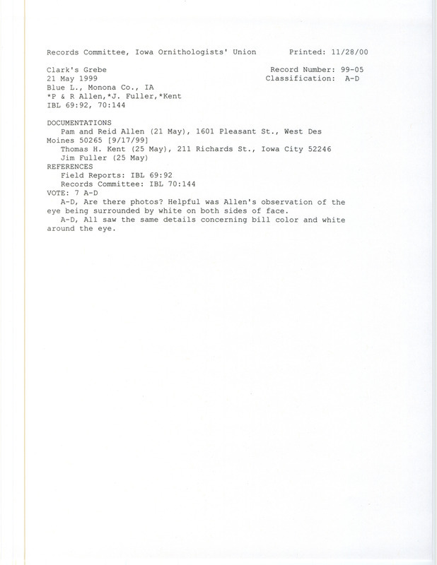 Records Committee review for a Clark's Grebe at Blue Lake in Monona County, IA on May 21, 1999. Includes a record review document with votes and three documentation forms submitted to the committee.