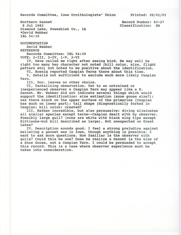 Records Committee review for a Northern Gannet at Diamond Lake in Poweshiek County, IA on July 9, 1983. Includes a record review document with votes, a summary of the review, and a documentation form submitted to the committee.