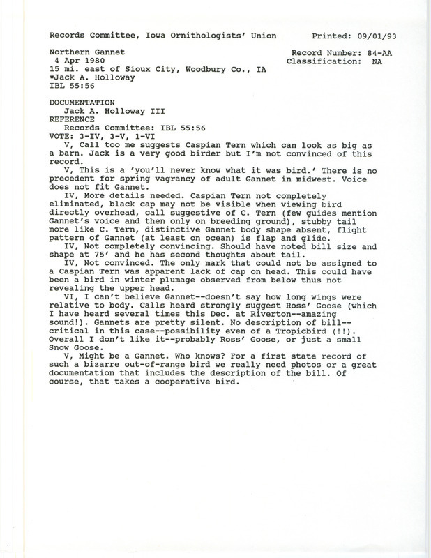 Records Committee review for Northern Gannet at Sioux City in Woodbury County, IA on April 4, 1980. Includes a record review document with votes.