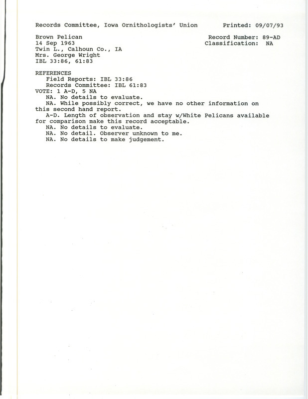 Records Committee review for a Brown Pelican at Twin Lake in Calhoun County, IA on September 14, 1963. Includes a record review document with votes and the original sighting record found in the publication Iowa Bird Life 33:86 seen by Mrs. George Wright.