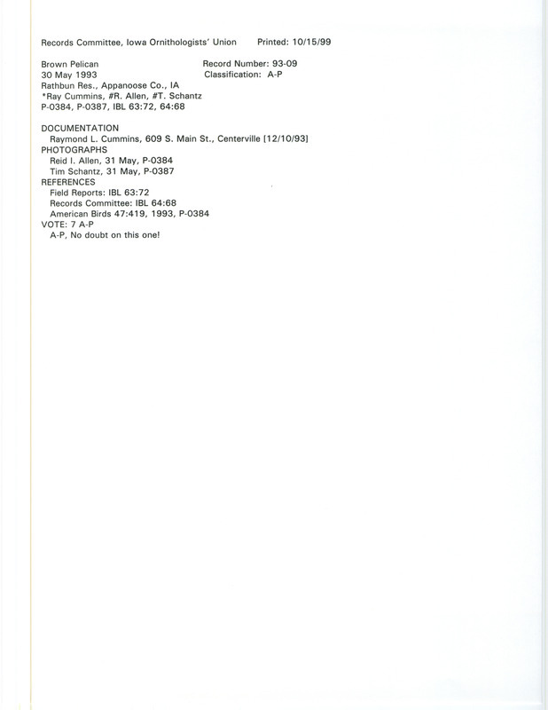 Records Committee review for a Brown Pelican at Lake Rathbun in Appanoose County, IA on May 30, 1993. Includes a record review document with votes, two photographs, an American Birds article, and a documentation form submitted to the committee.