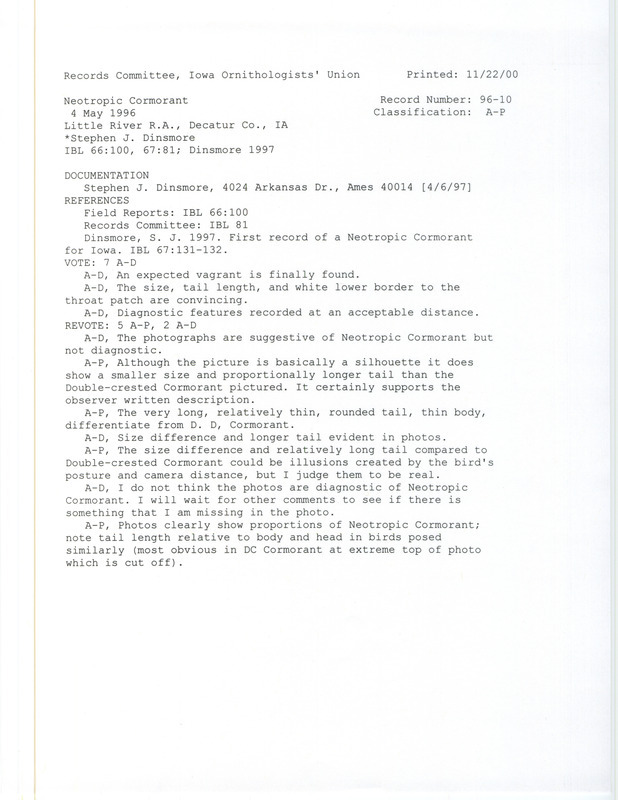 Records Committee review for a Neotropic Cormorant at Little River Recreation Area in Decatur County, IA on May 4, 1996. Includes a record review document with votes, two photos, an article in Iowa Bird Life, and a documentation form submitted to the committee.