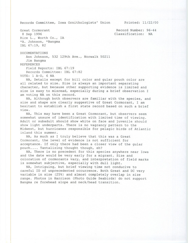 Records Committee review for a Great Cormorant at Rice Lake in Worth County, IA on September 8, 1996. Includes a record review document with votes and two documentation forms submitted to the committee.