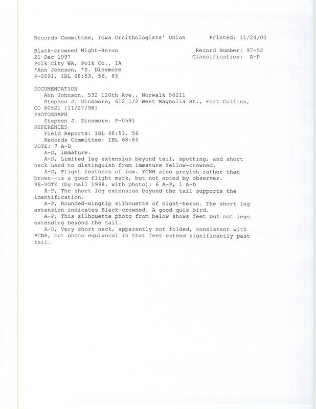 Records Committee review for a Black-crowned Night-Heron at Polk City Wildlife Area in Polk County, IA on December 21, 1997. Includes a record review document with votes, a photo and two documentation forms submitted to the committee.