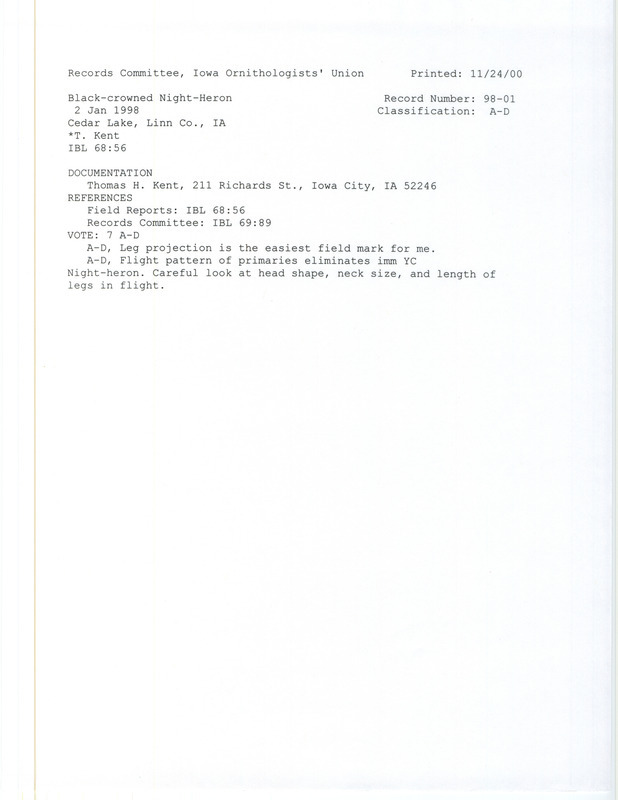 Records Committee review for a Black-crowned Night-Heron at Cedar Lake in Linn County, IA on January 2, 1998. Includes one record review document with votes and a documentation form.