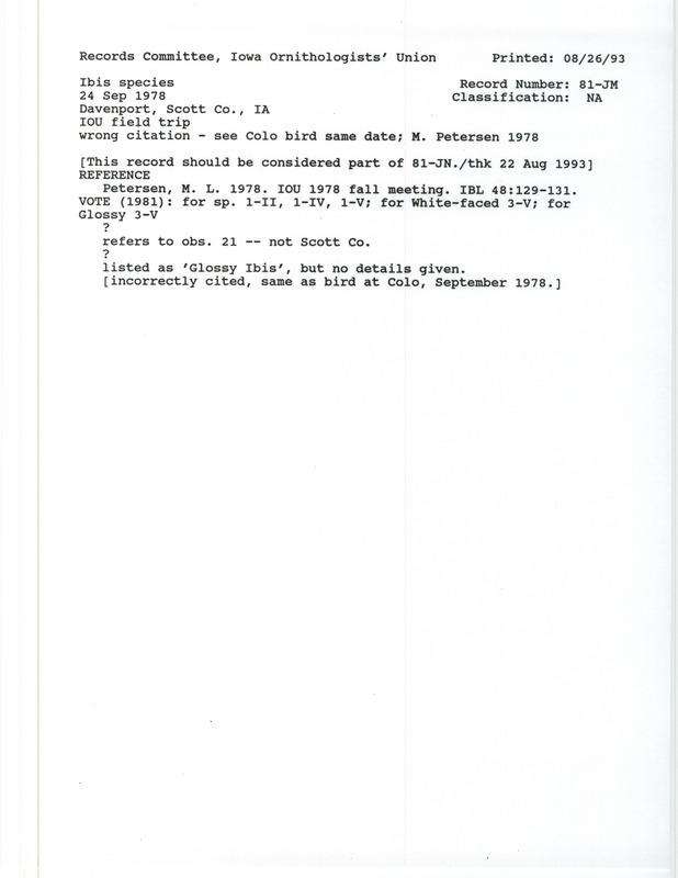 Records Committee review for an Ibis species at Davenport in Scott County, IA on September 24, 1978. Includes a record review document with votes.