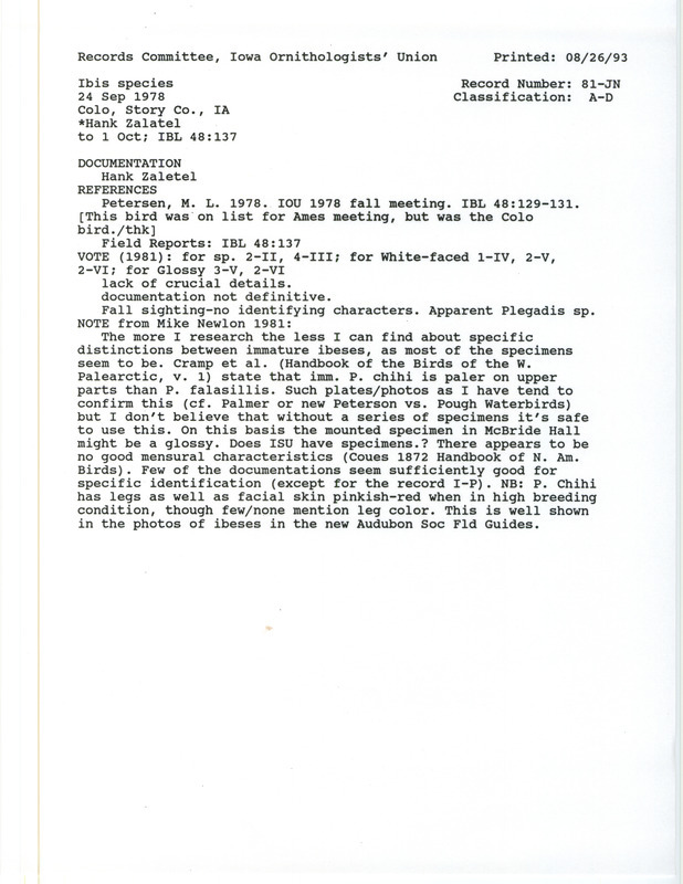 Records Committee review of a bird (Ibis species) at Colo in Story County on September 24, 1978. Includes a record review document with votes, an Iowa Bird Life article, and a documentation form submitted to the committee.