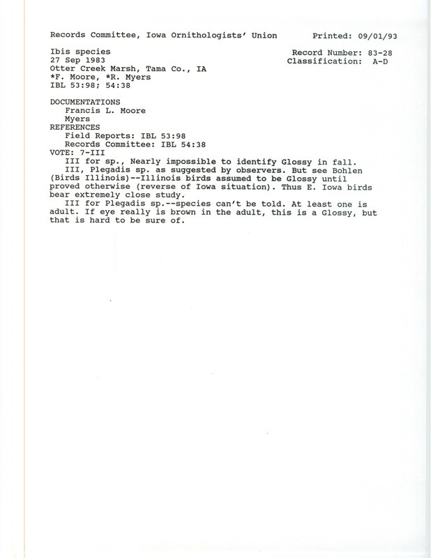 Records Committee review of two birds (Ibis species) at Otter Creek March in Tama County, IA on September 27, 1983. Includes a record review document with votes, a summary of the records review, a handwritten description of the birds, and a documentation form submitted to the committee.