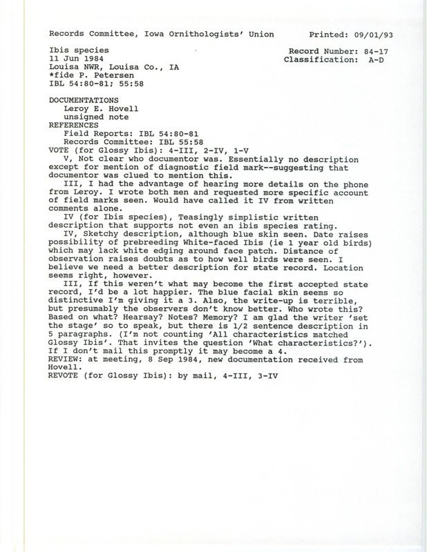 Records Committee review of two birds (Ibis species) at Louisa National Wildlife Refuge in Louisa County, IA on June 11, 1984. Includes a record review document with votes and two documentation forms submitted to the committee.