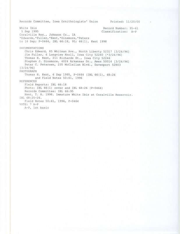 Records Committee review of an White Ibis at Hawkeye Wildlife Management Area in Johnson County, IA on September 5, 1995. Includes a record review document with votes, a photo, an article from North American Birds, an article from Iowa Bird Life, and five documentation forms submitted to the committee.