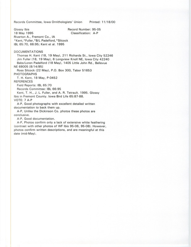 Records Committee review of two Glossy Ibis at Riverton Area in Fremont County, IA on May 18, 1995. Includes a record review document with votes, two photos, an article in Iowa Bird Life, and four documentation forms submitted to the committee.