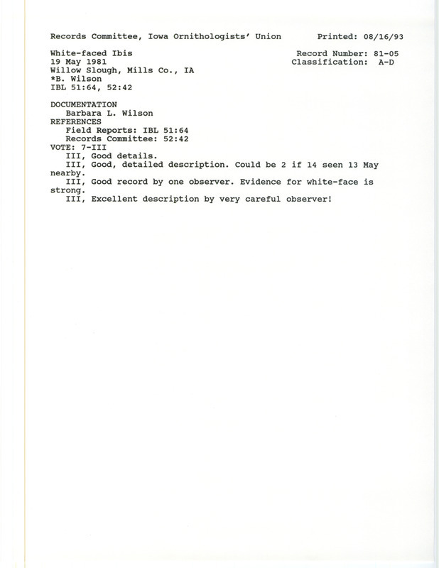 Records Committee review for two White-faced Ibises at Willow Slough in Northeast Mills County, IA on May 19, 1981. Includes a record review document with votes and a documentation form submitted to the committee.