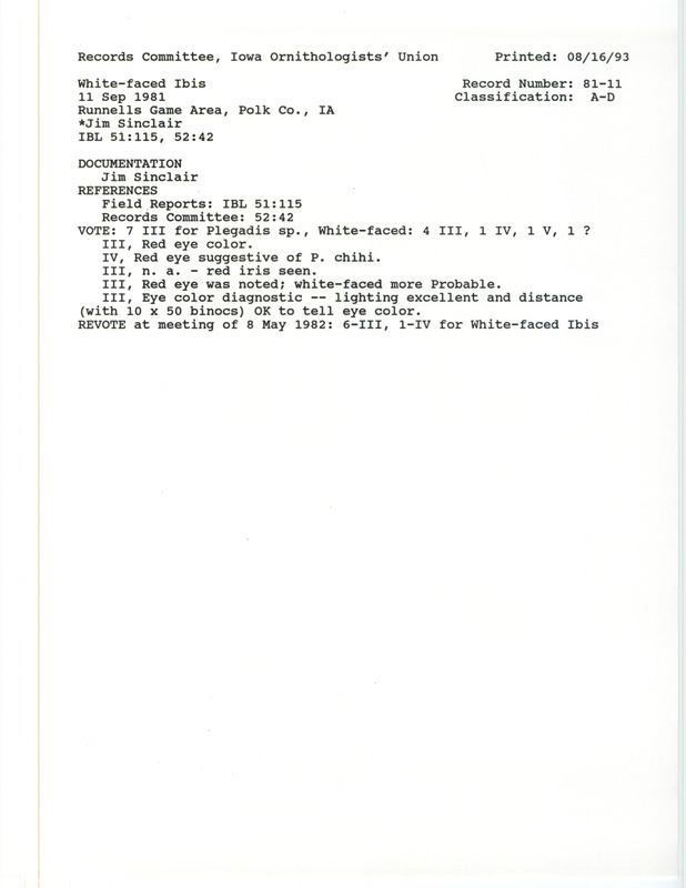 Records Committee review of a White-faced Ibis at Runnels Game Area in Polk County, IA on September 11, 1981. Includes a record review document with votes, a summary of the review, and a documentation form submitted to the committee.