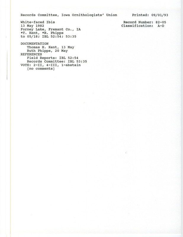 Records Committee review for two White-faced Ibises at Forney Lake in Fremont County on May 13, 1982. Includes a record review document with votes, a summary of review, and two documentation forms submitted to the committee.