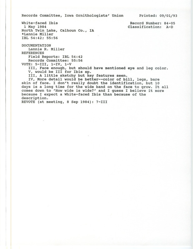 Records Committee review for a White-faced Ibis at North Twin Lake in Calhoun County on May 1, 1984. Includes a record review document with votes, a summary of the review, and a documentation form submitted to the committee.