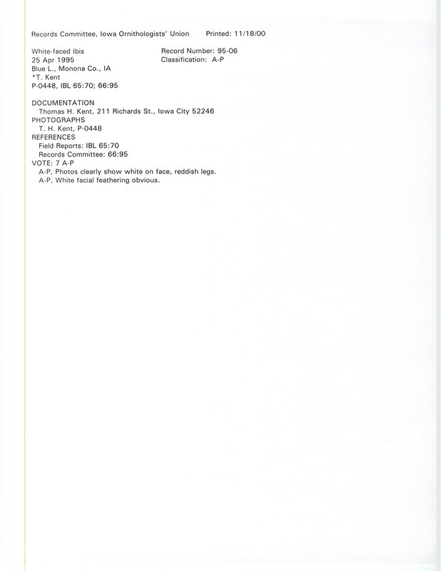 Records Committee review of nine White-faced Ibis at Blue Lake in Monona County, IA on April 25, 1995. Includes a record review document with votes, two photos, and a documentation form submitted to the committee.