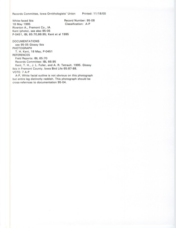 Records Committee review for a White-faced Ibis at the Riverton Wildlife Management Area in Fremont County, IA on May 18, 1995. Includes a record review document with votes and a photograph by Thomas H. Kent.