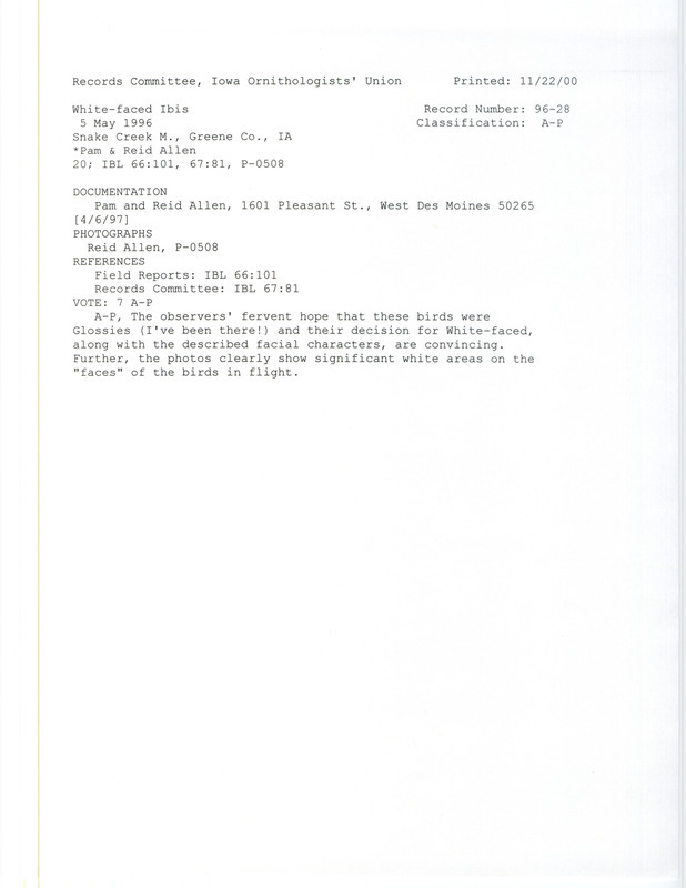 Records Committee review for twenty White-faced Ibis at Snake Creek March in Greene County, IA on May 5, 1996. Includes a record review document with votes, a photograph, and the original sighting record found in the field notes of Pam Allen and Reid Allen.