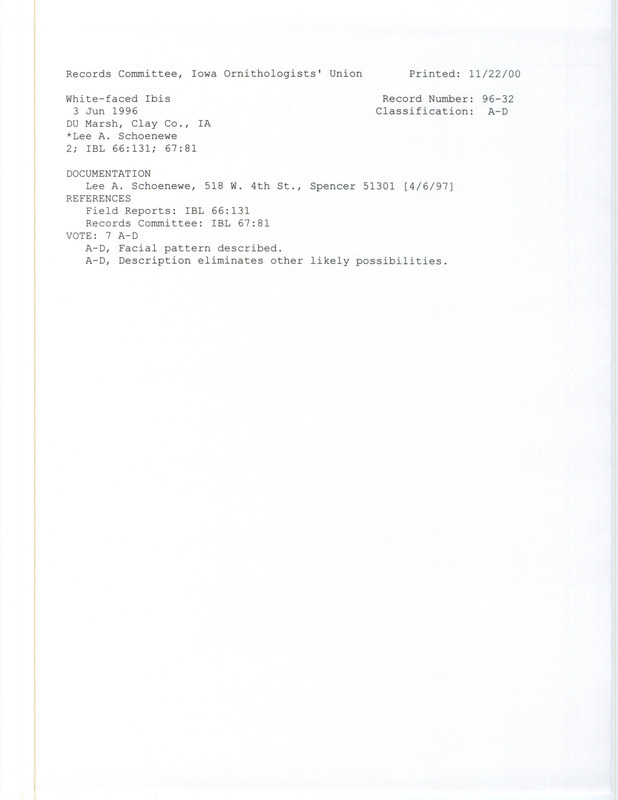 Records Committee review of two White-faced Ibises at Du March in Clay County, IA on June 3, 1996. Includes a record review document with votes and a documentation forms submitted to the committee.