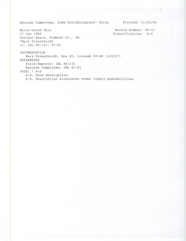 Records Committee review for twelve White-faced Ibises at Sheldon Basin in Fremont County, IA on June 27, 1996. Includes a record review document with votes and a documentation form submitted to the committee.